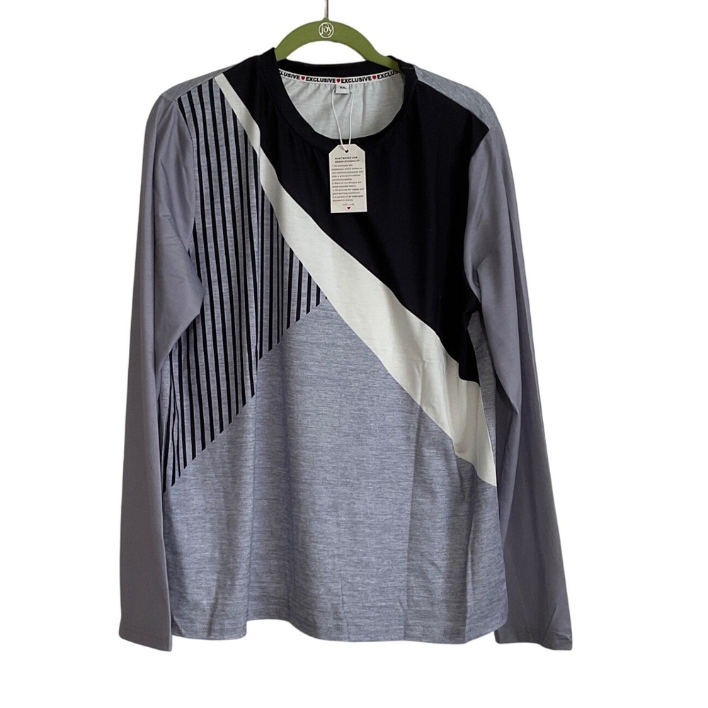 Exclusive XXL Womens Colorblock Striped Long Sleeve Crew Neck Top Grey Black